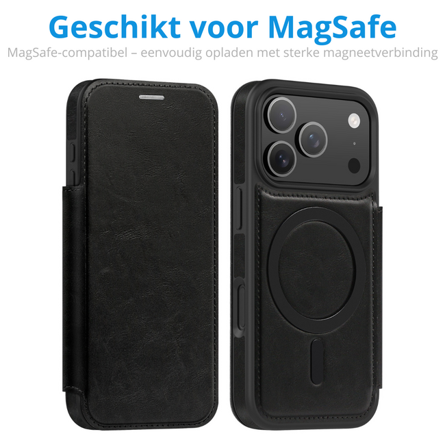 Hoesje geschikt voor iPhone 17 Pro Max - Met Pasjeshouder - Geschikt voor MagSafe - Met magnetische sluiting - Zwart