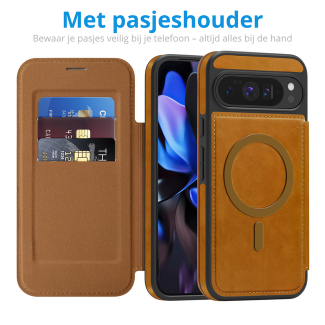 Hoesje geschikt voor Goole Pixel 10 Pro XL - Met Pasjeshouder - Geschikt voor MagSafe - Met magnetische sluiting - Licht Bruin
