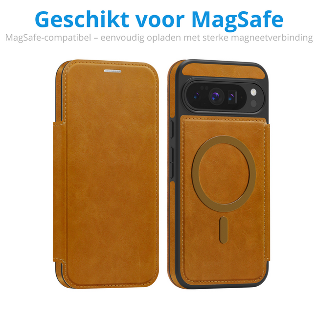 Hoesje geschikt voor Goole Pixel 10 Pro XL - Met Pasjeshouder - Geschikt voor MagSafe - Met magnetische sluiting - Licht Bruin