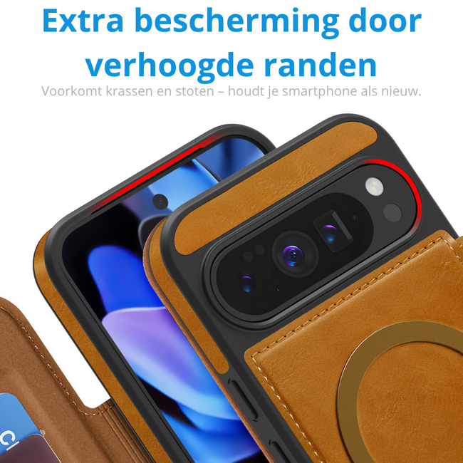 Hoesje geschikt voor Goole Pixel 10 Pro XL - Met Pasjeshouder - Geschikt voor MagSafe - Met magnetische sluiting - Licht Bruin