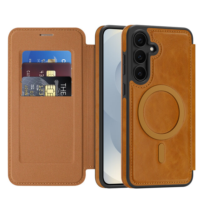Hoesje geschikt voor Samsung Galaxy S25 FE - Met Pasjeshouder - Geschikt voor MagSafe - Met magnetische sluiting - Licht Bruin