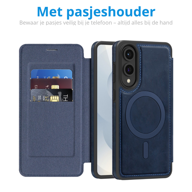 Hoesje geschikt voor Samsung Galaxy S25 Edge - Met Pasjeshouder - Geschikt voor MagSafe - Met magnetische sluiting - Blauw