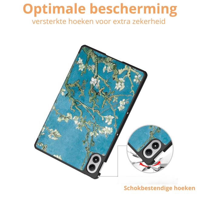 Hoozey - Tablet hoes geschikt voor Xiaomi Redmi Pad 2 Pro 2025 - Tri-fold hoes met Auto/Wake Functie en magneetsluiting - 12.1 inch - Witte Bloesem