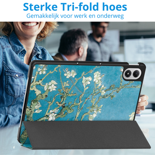Tablet hoes geschikt voor Xiaomi Redmi Pad 2 Pro 2025 - Tri-fold hoes met Auto/Wake Functie en magneetsluiting - 12.1 inch - Witte Bloesem