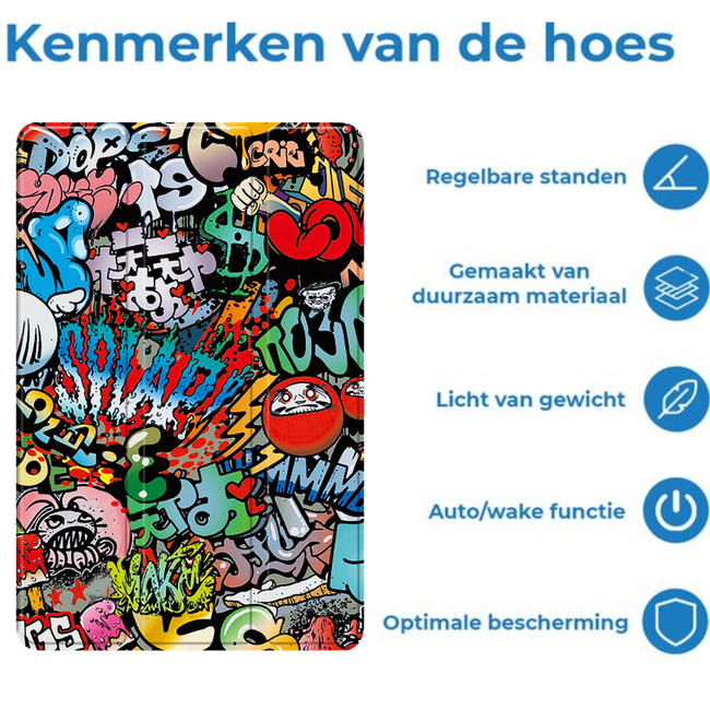 Case2go - Tablet hoes geschikt voor Samsung Galaxy Tab S11 (2025) - 11 Inch - Tri-Fold Book Case - Auto/Wake functie - Graffiti