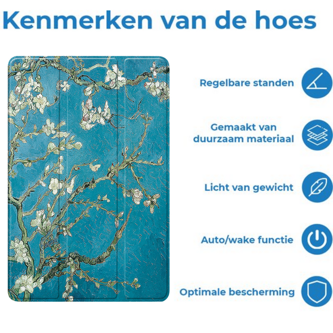 Case2go - Tablet hoes geschikt voor Samsung Galaxy Tab S11 (2025) - 11 Inch - Tri-Fold Book Case - Auto/Wake functie - Witte Bloesem