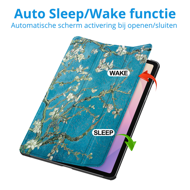 Case2go - Tablet hoes geschikt voor Samsung Galaxy Tab S11 (2025) - 11 Inch - Tri-Fold Book Case - Auto/Wake functie - Witte Bloesem