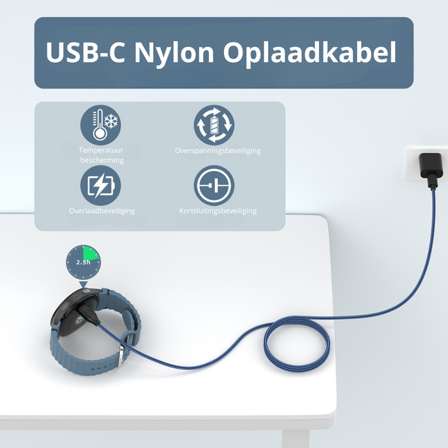 USB C 2-Pack Oplaadkabel geschikt voor Garmin Fenix / Forerunner / Instinct / Venu / Venu SQ / Vivoactive / Epix Pro / Vivomove / Approuch - 1 Meter - Gevlochten kabel - Blauw/Zwart