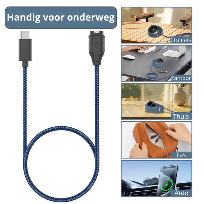 USB C 2-Pack Oplaadkabel geschikt voor Garmin Fenix / Forerunner / Instinct / Venu / Venu SQ / Vivoactive / Epix Pro / Vivomove / Approuch - 1 Meter - Gevlochten kabel - Blauw/Zwart