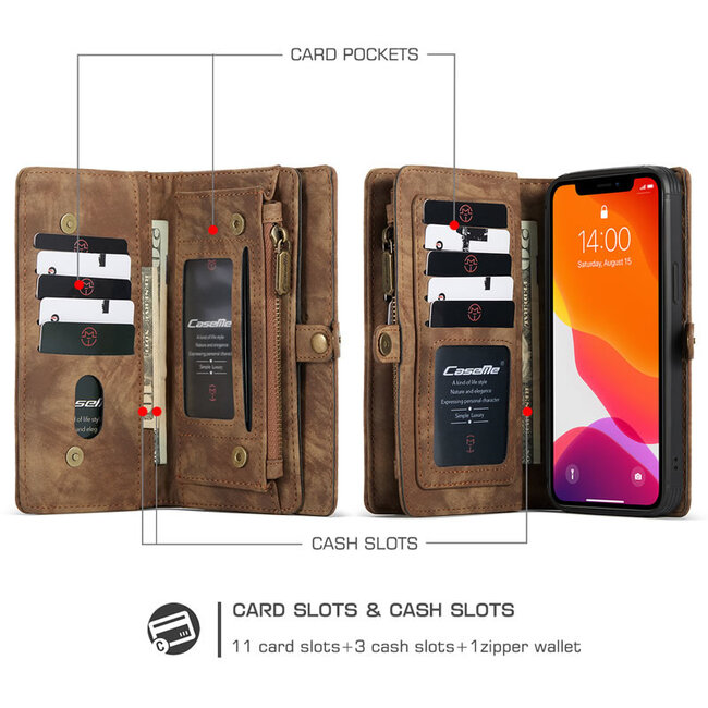 CaseMe - Telefoonhoesje geschikt voor Apple iPhone 13 Pro Max - 2 in 1 Book Case en Back Cover - Bruin