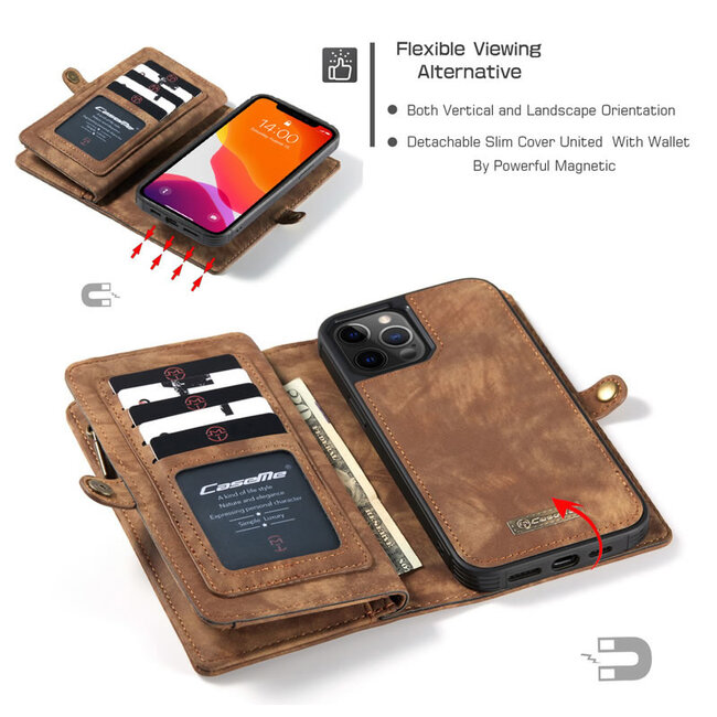 CaseMe - Telefoonhoesje geschikt voor Apple iPhone 13 Pro Max - 2 in 1 Book Case en Back Cover - Bruin