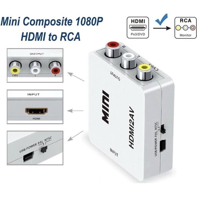 Case2go - HDMI (Randapparatuur) naar AV Adapter - naar Tulp aansluiting (Beeld) - RCA, 2x audio (L/R) - Wit