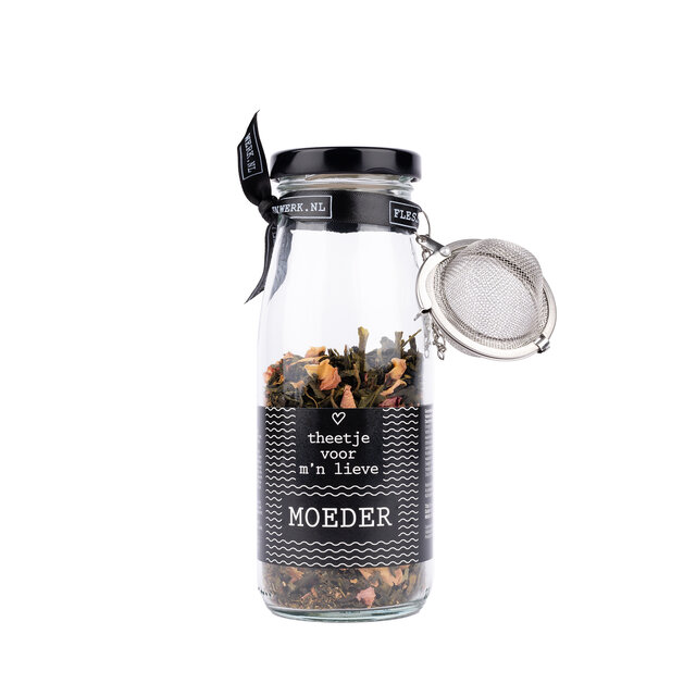 Theetje voor m'n lieve moeder - thee in fles met kaart en thee ei - per  6 Theetje voor m'n lieve moeder - thee in fles met kaart en thee ei - per  6