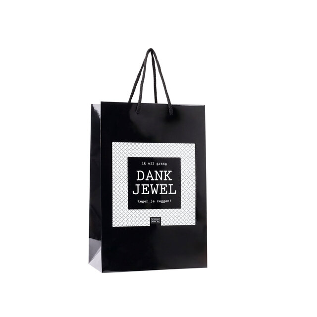 Giftbag klein - Ik wil graag DANKJEWEL tegen je zeggen - zwart - mt 24 x 12 x 36 per 12