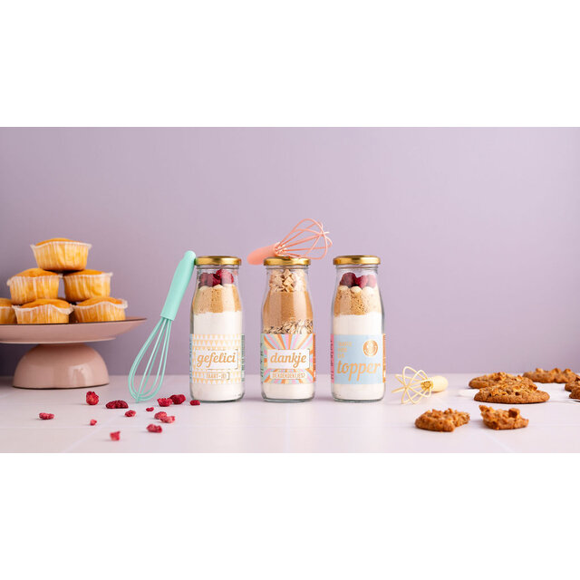 Bakflesje 250ml Dankje de koek koek(jes) - met garde - per 6 Bakflesje 250ml Dankje de koek koek(jes) - met garde - per 6