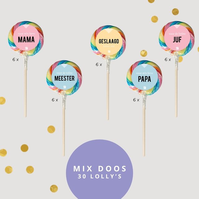 Regenboog lolly - mix doos - per 30 Regenboog lolly - mix doos - per 30