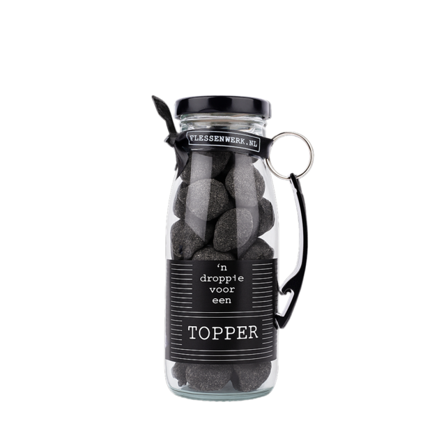 Dropflesje 250 ml ‘n Droppie voor een Topper! met flessen opener- per 6 Dropflesje 250 ml ‘n Droppie voor een Topper! met flessen opener- per 6