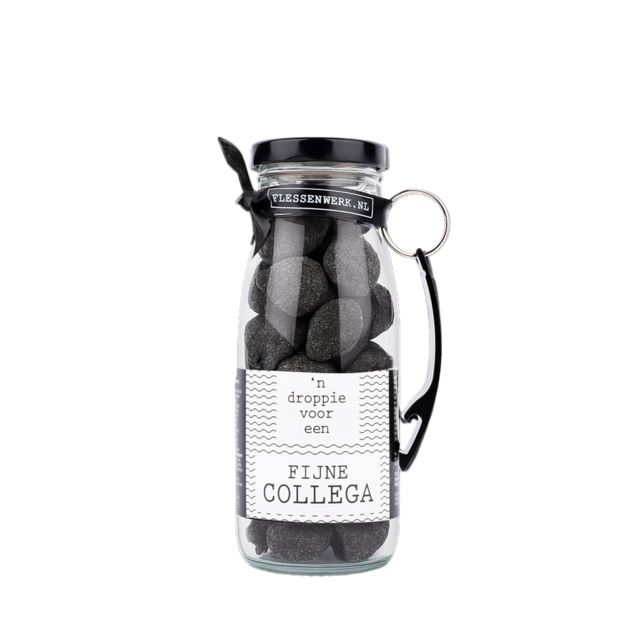 Dropflesje 250 ml ‘n Droppie voor een fijne collega! met flessen opener- per 6 Dropflesje 250 ml ‘n Droppie voor een fijne collega! met flessen opener- per 6