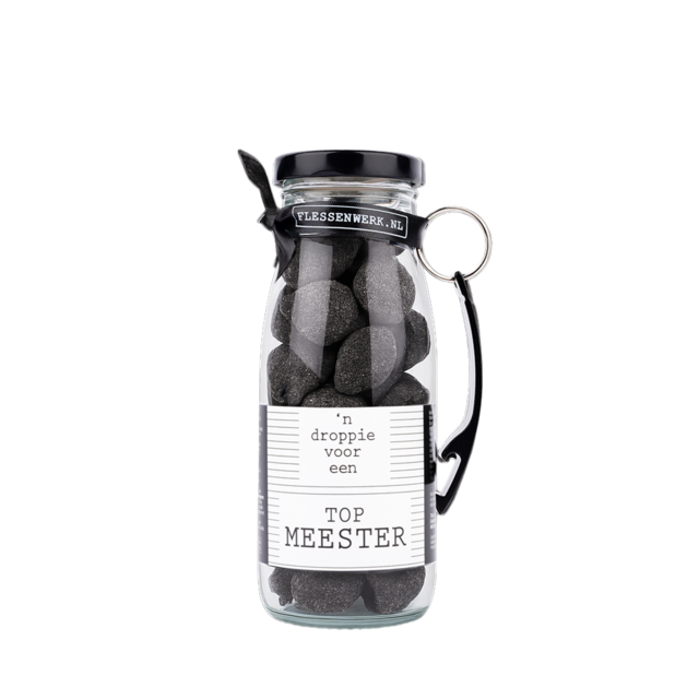 Dropflesje 250 ml ‘n Droppie voor een topmeester! met flessen opener- per 6