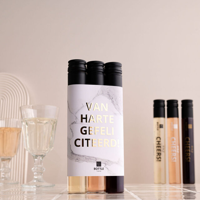 3 wijntubes - Marmer/Gouden wikkel - Van harte gefeliciteerd - per 12