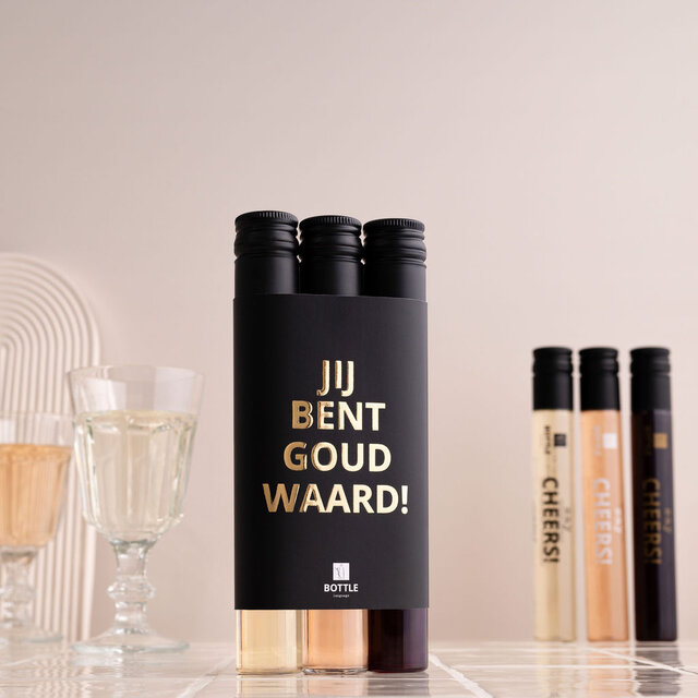3 wijntubes - Zwart/Gouden wikkel - Jij bent GOUD waard - per 12
