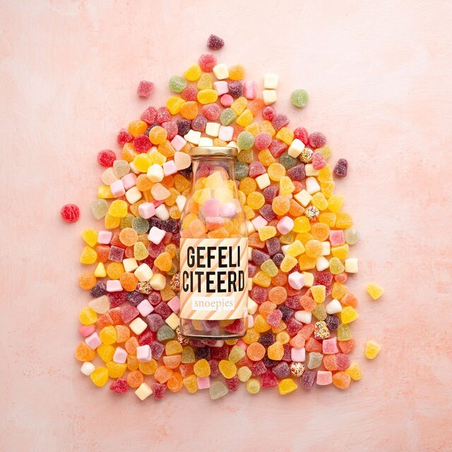 Gefeliciteerd snoepjes - Fles met vilt hartje - per 6