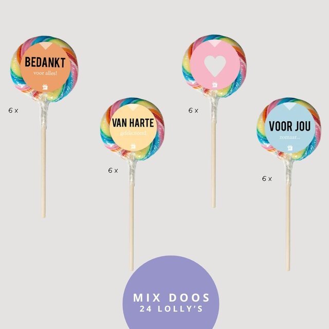 Regenboog lolly - mix doos Hartje/Van harte/Voor jou/Bedankt - per 24