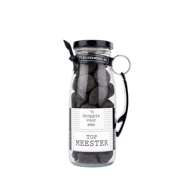 Dropflesje 250 ml ‘n Droppie voor een topmeester! met flessen opener- per 6