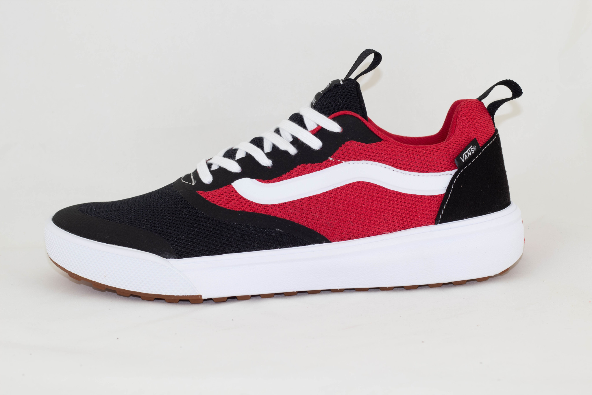 black and red vans with straps