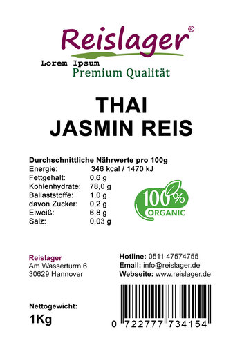 Thai Jasmin Reis 1Kg 100% Organic 