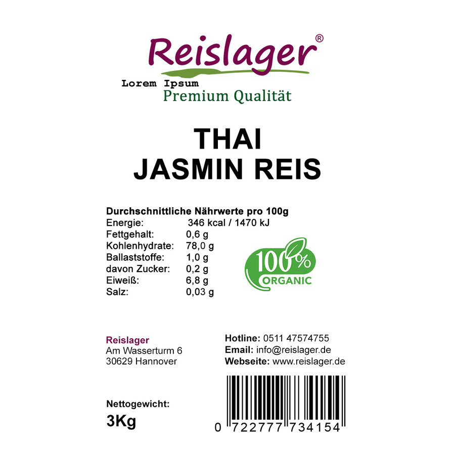 Thai Jasmin Reis Premium Qualität 3Kg Organic