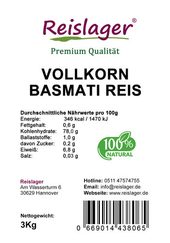 Vollkorn Basmati Reis 100% Natural 3Kg 