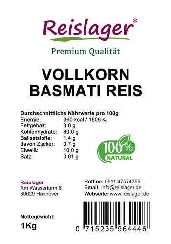 Vollkorn Basmati Reis 1Kg Natural 