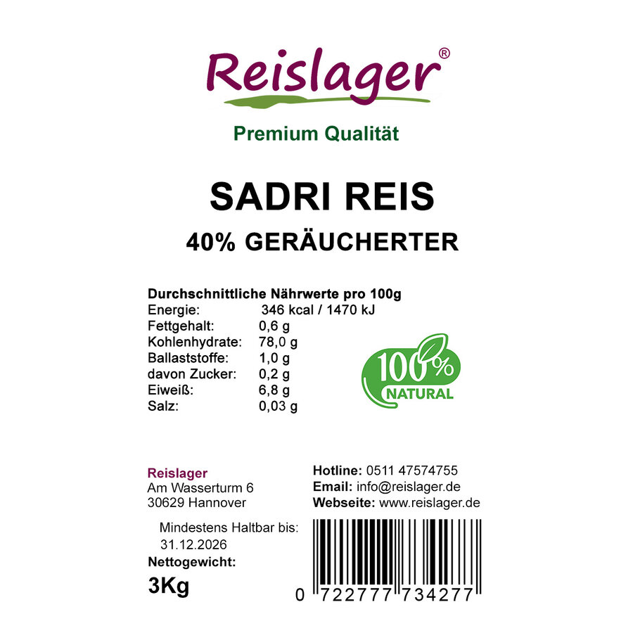 Sadri Reis 40% Geräucherter Reis - Natural  3 Kg