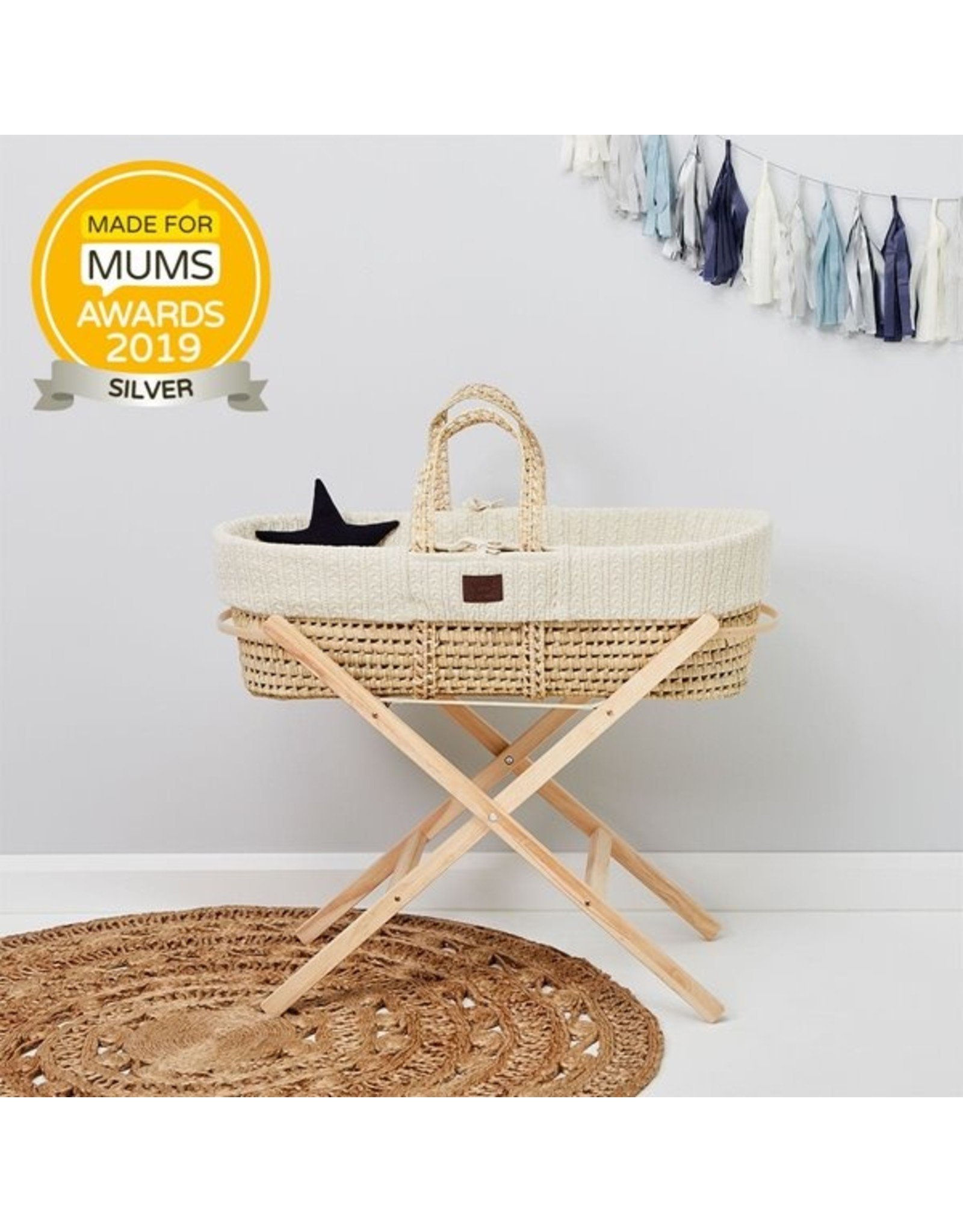 Little Green Sheep Natural Knitted Moses Basket Mattress & Stand- Linen