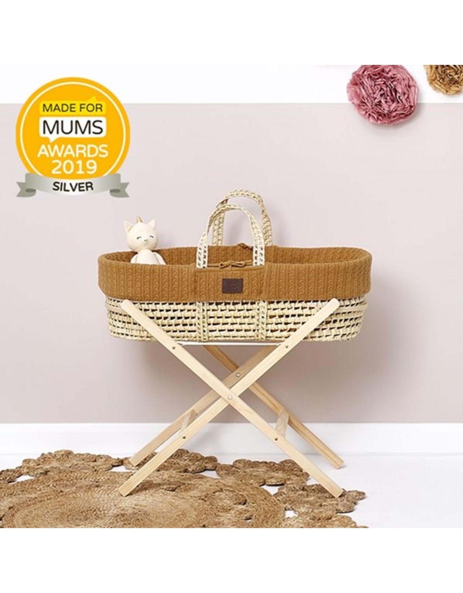 Little Green Sheep Natural Knitted Moses Basket & Mattress - Honey