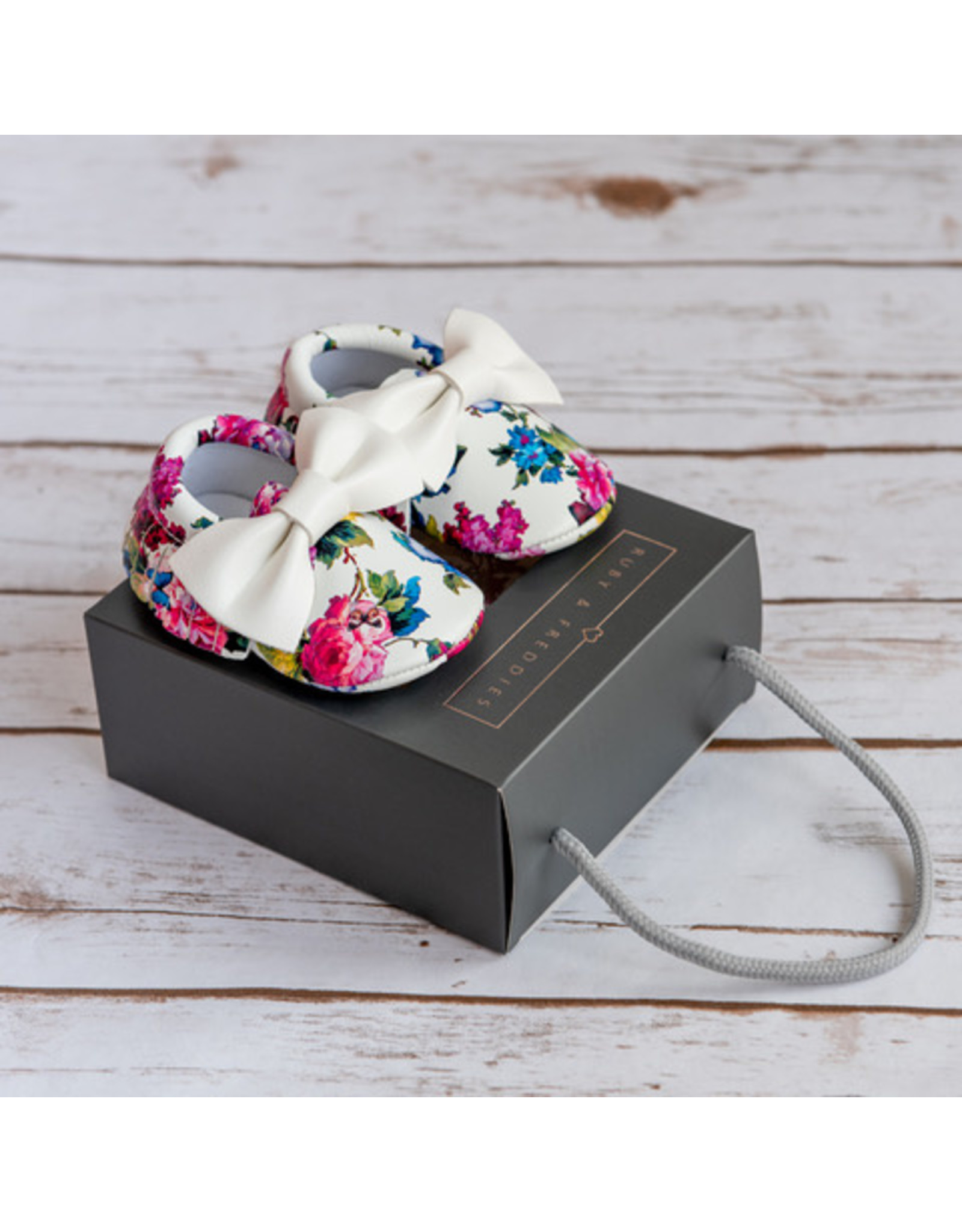 Ruby & Freddies Dark Floral with White Bow Moccasins- 6-12 months