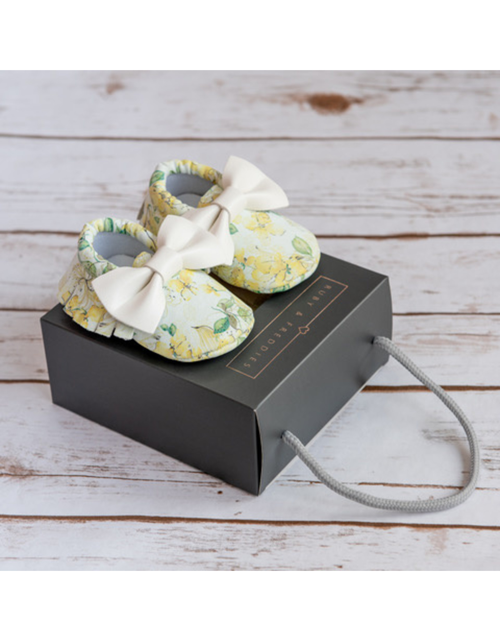 Ruby & Freddies Yellow  Floral with White Bow Moccasins