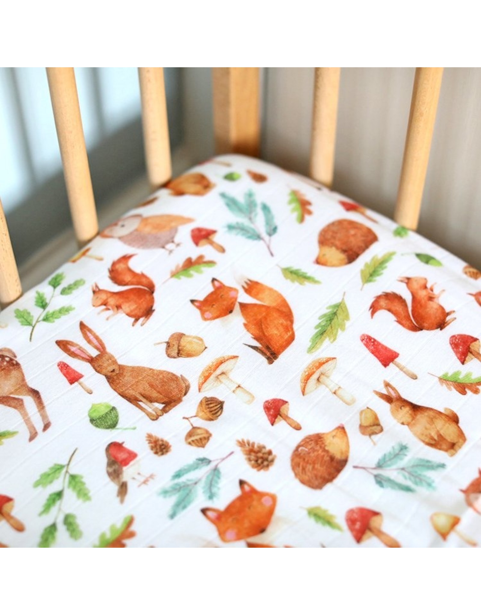 Fox in the Attic Cotton Muslin Fitted Cotbed Sheet -Woodland