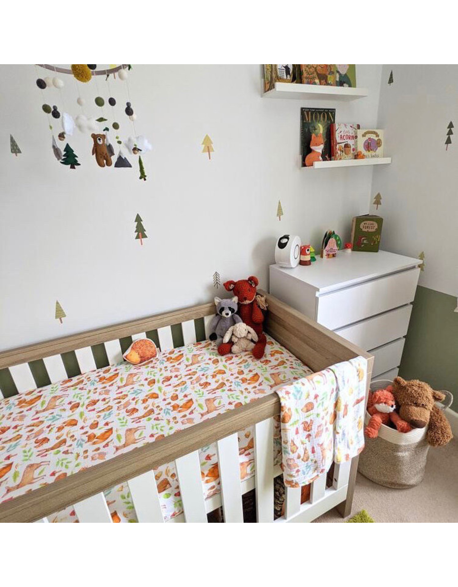 Fox in the Attic Cotton Muslin Fitted Cotbed Sheet -Woodland