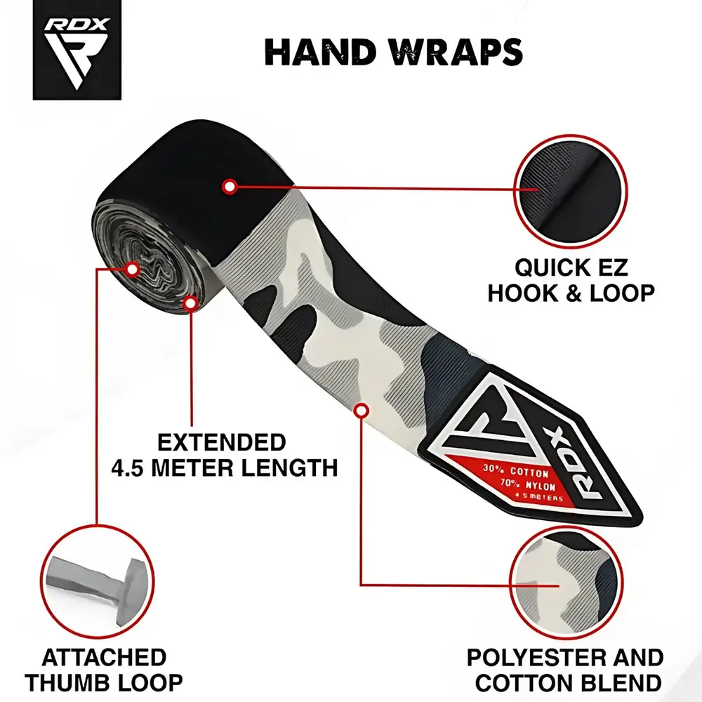 RDX Sports Hand Wraps Camo grey - 4.5m - bescherming RDX Sports Hand Wraps Camo grey - 4.5m - bescherming