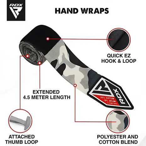 RDX Sports Hand Wraps Camo grey - 4.5m - bescherming RDX Sports Hand Wraps Camo grey - 4.5m - bescherming