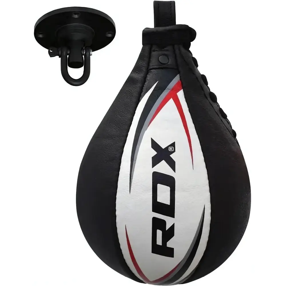 RDX Sports Bokstraining lederen Speedbal met swivel Zwart/wit RDX Sports Bokstraining lederen Speedbal met swivel Zwart/wit