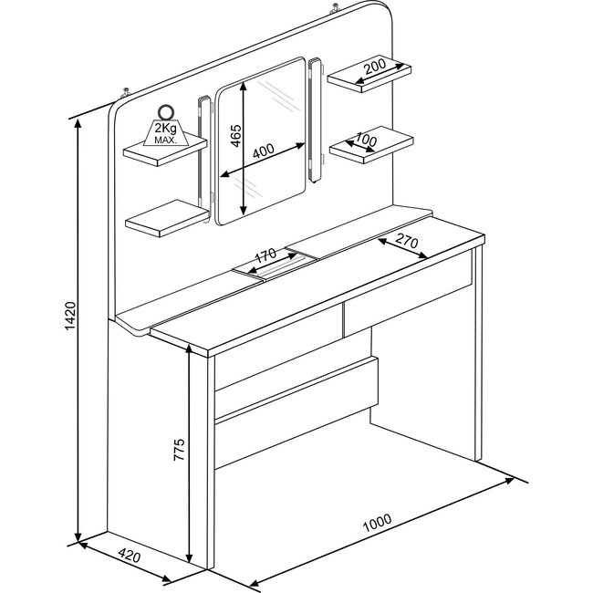 Trasman Kaptafel Vanity Secret - Make-up tafel - Eiken/wit