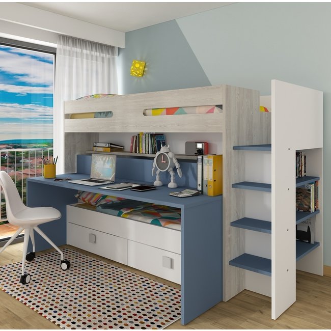 Trasman Hoogslaper Spectra Blauw met bureau en bed