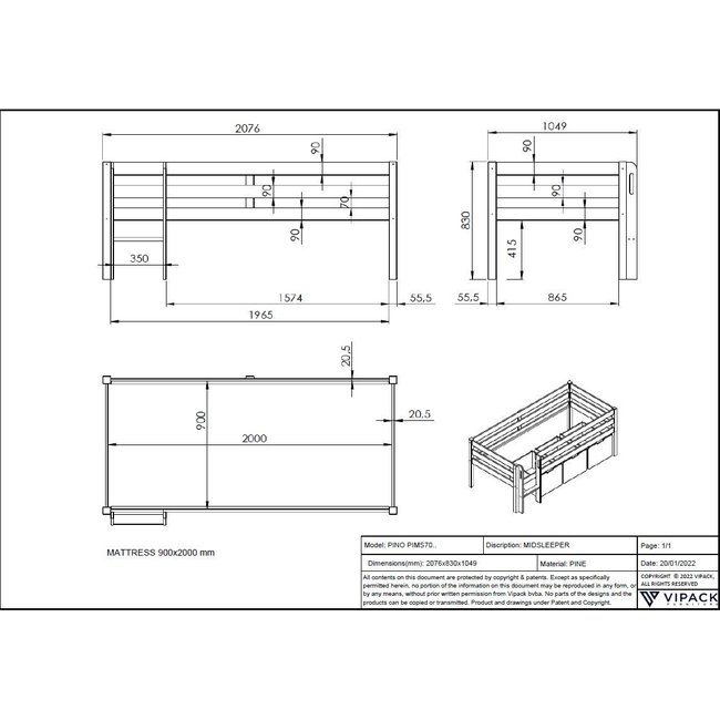 Vipack Halfhoogslaper Pino Wit 90x200