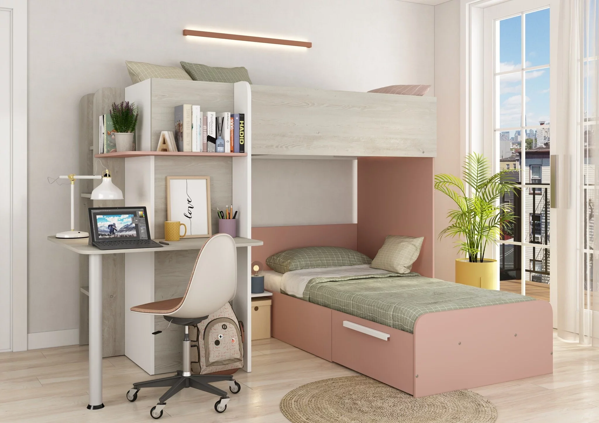 MQGPM Kinderbed, hoogslaper, 90 x 200 cm, met valbescherming en opslag, stapelbed met glijbaan, trap en stabiel grenenhouten frame, lattenbodem, stapelbed voor 2 kinderen, spelend leren