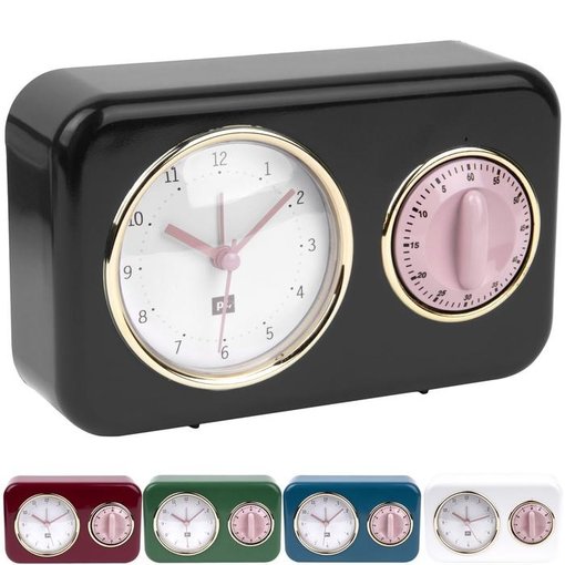 Pt (Present Time) Tafelklok Nostalgia met kookwekker (black/pink)