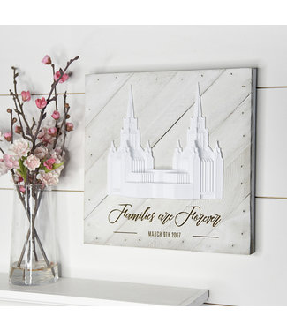 Pallet Wall Décor White Wash (diagonal) London Temple, 10”x10” – Inscription – Families are Forever (in script) LONDON ENGLAND (block)