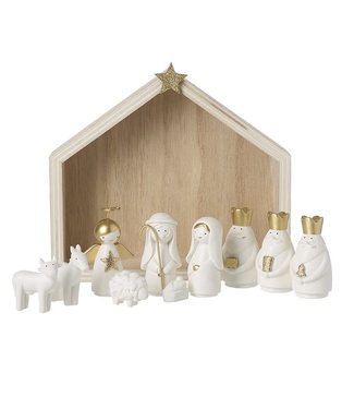 White & Gold Nativity Set With Wooden Creche